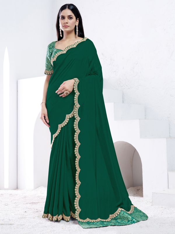 Dark Green Hand Work Wedding Saree