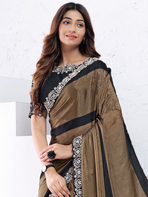 Brown And Black Georgette Saree In Mirror Work