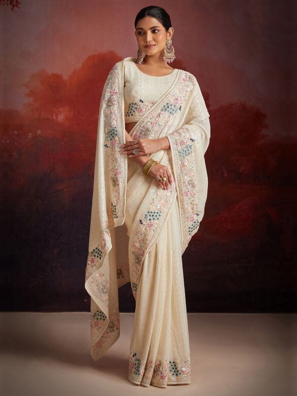 Off White Georgette Saree In Heavy Embroidery