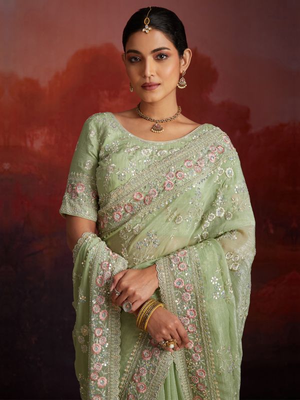 Pista Green Floral Embellished Bridesmaid Sarees