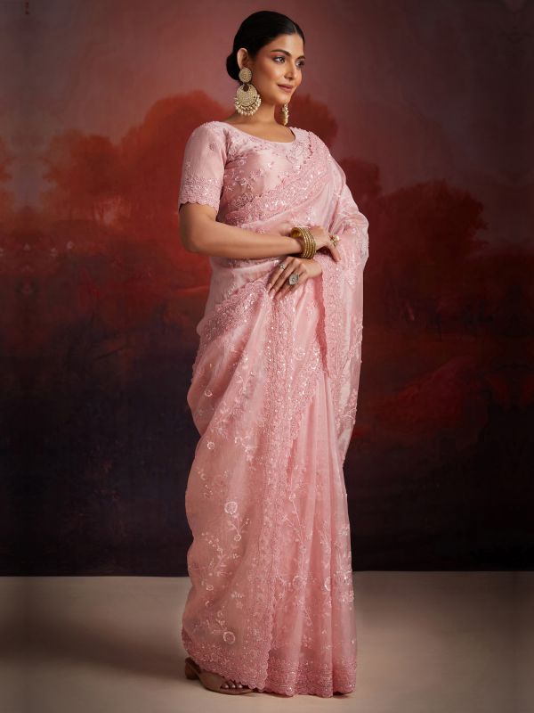 Baby Pink Party Wear Saree In Floral Embellishment