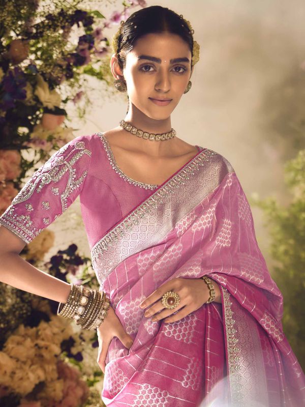 Baby Pink Festive Saree With Embroidered Blouse