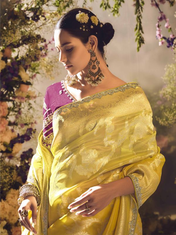 Yellow Silk Saree With Embroidered Borders