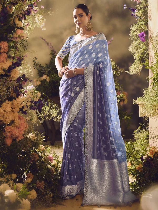 Blue Party Wear Silk Saree In Weaving