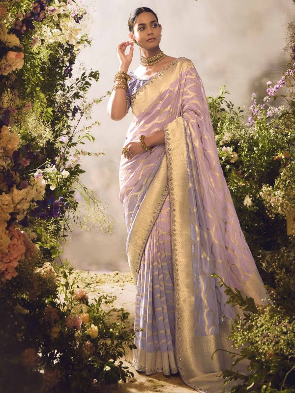 Lilac And Blue Zari Weaving Shaded Saree