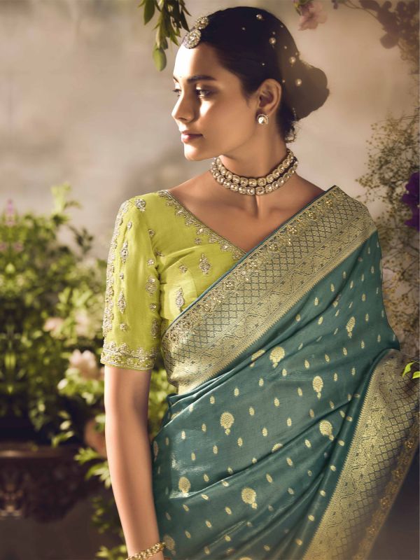 Dark Green Wedding Saree In Zari Weaving