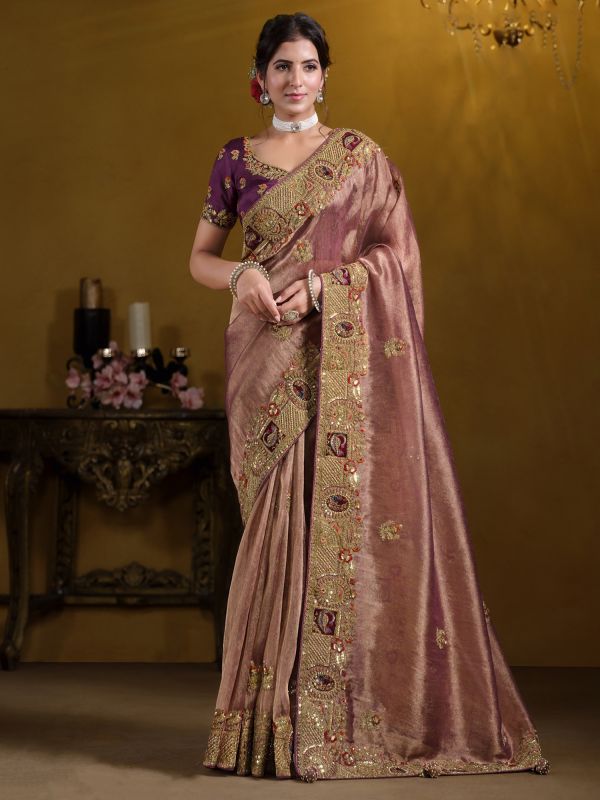 Mauve Pink Zari Embellished Wedding Wear Saree