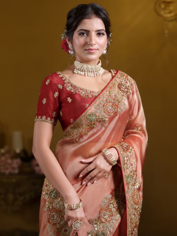 Peach Wedding Saree With Floral Embellishment