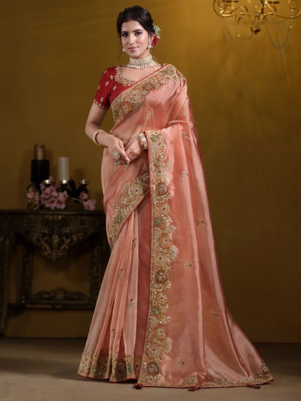 Peach Wedding Saree With Floral Embellishment