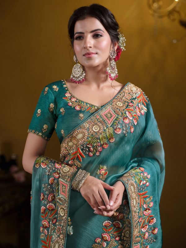 Teal Blue Silk Saree In Floral Thread Embroidery