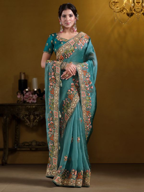 Teal Blue Silk Saree In Floral Thread Embroidery