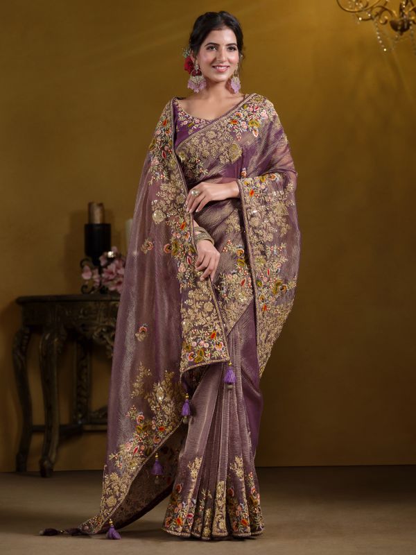 Purple Bridesmaid Saree With Heavy Floral Borders