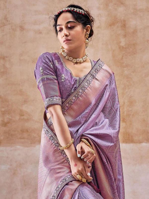 Purple Bandhani Printed Saree With Blouse