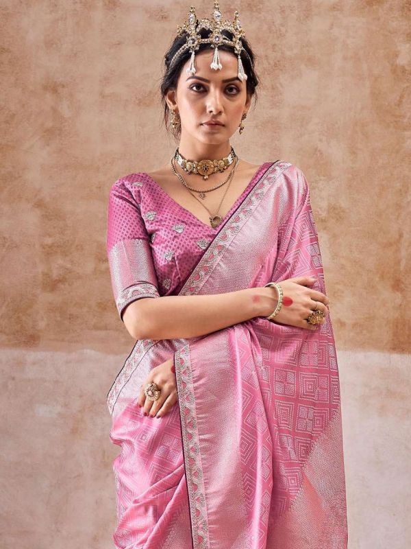 Pink Traditional Printed Saree In Jacquard Silk