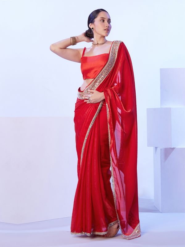 Cherry Red Wedding Saree In Mirror Embellishment