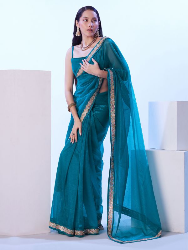 Blue Wedding Wear Embroidered Saree In Net