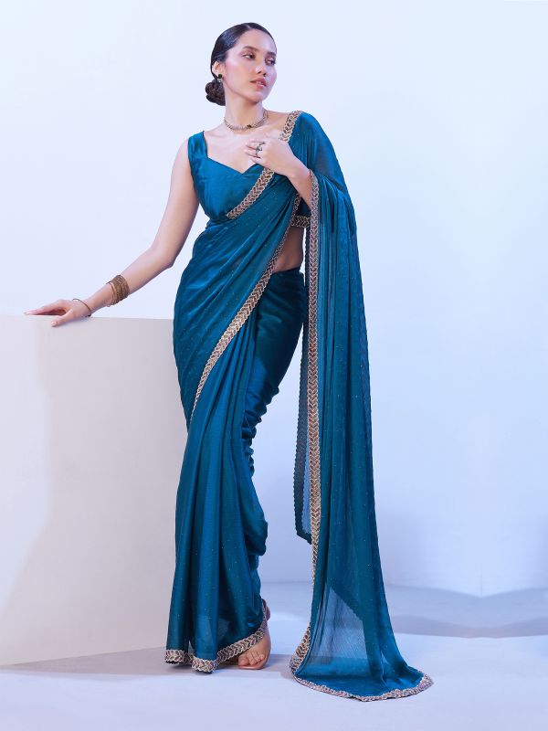 Blue Stone Embroidered Saree In Chiffon