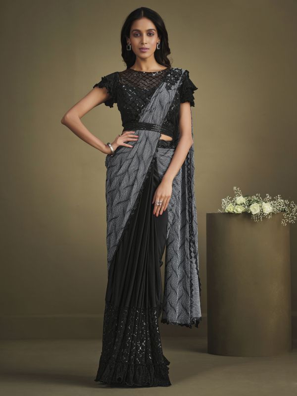 Black And Grey Cocktail Saree In Crepe