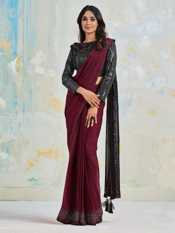 Maroon Wedding Saree With Embroidered Blouse