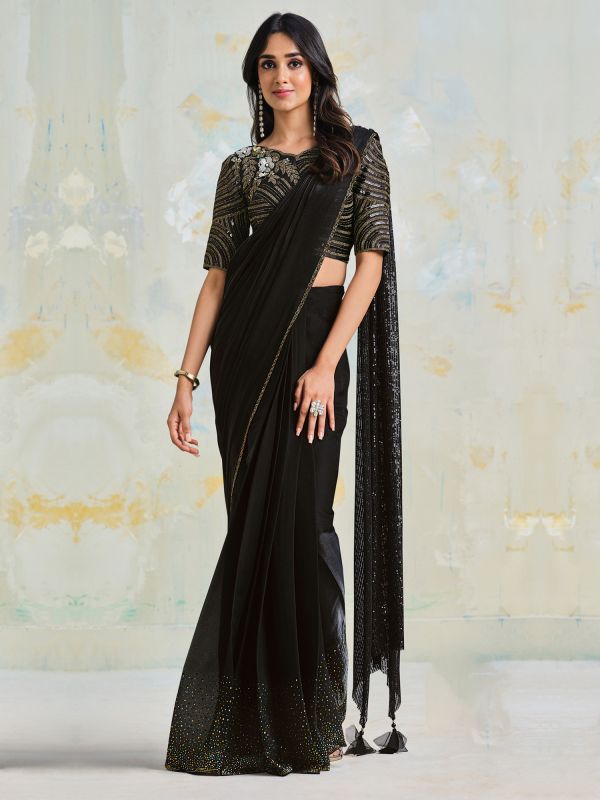 Black Cocktail Saree In Zari Embellishment