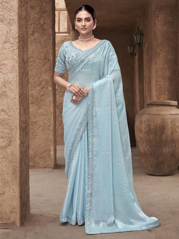 Light Blue Floral Thread Embroidered Saree