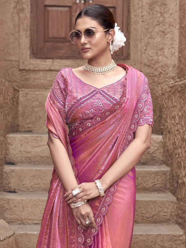 Pink Party Saree In Floral Embroidered Borders