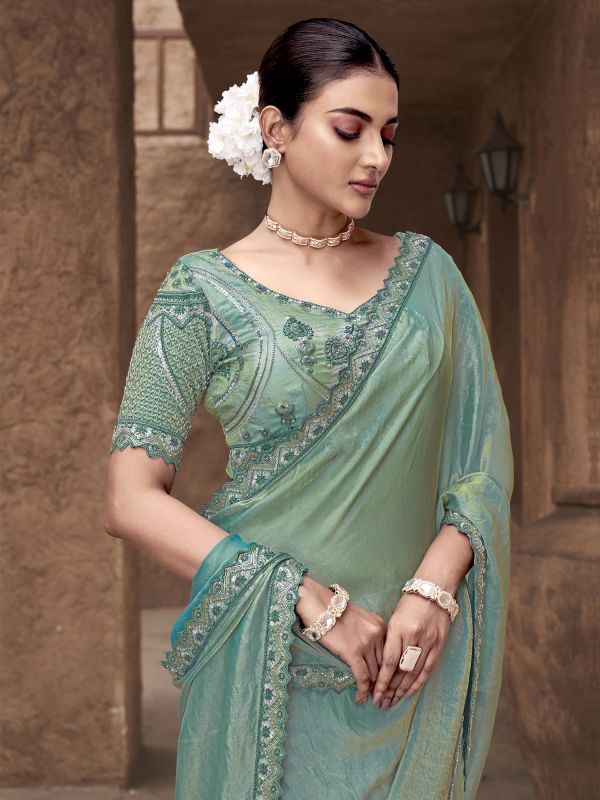 Green Thread Embellished Saree In Satin