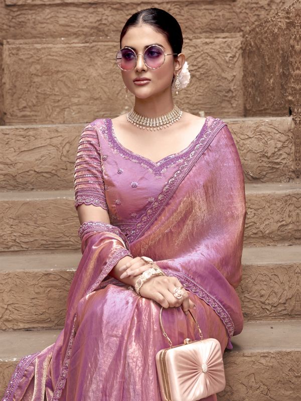 Pink Silk Saree With Embroidered Blouse