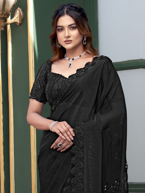 Black Cocktail Saree In Heavy Embroidery