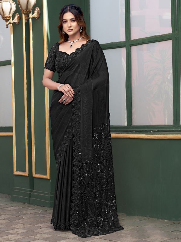 Black Cocktail Saree In Heavy Embroidery