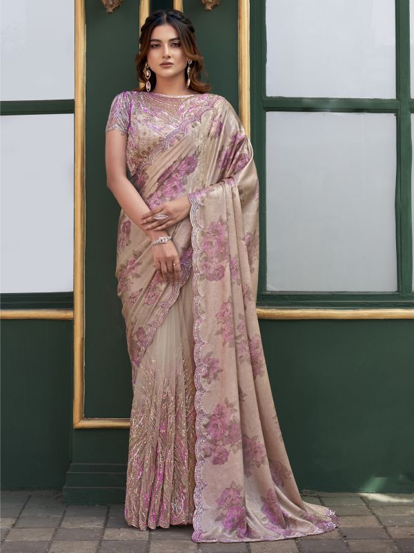 Almond Brown Wedding Saree In Floral Print