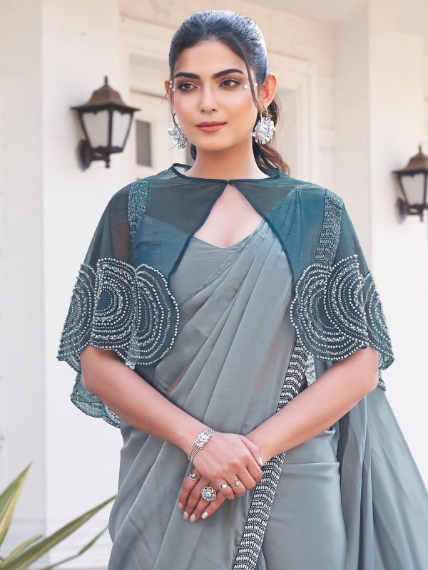 Light Grey Ruffle Sarees With Embroidered Cape