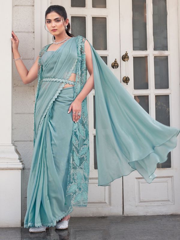 Blue Ombre Effect Readymade Saree With Shrug