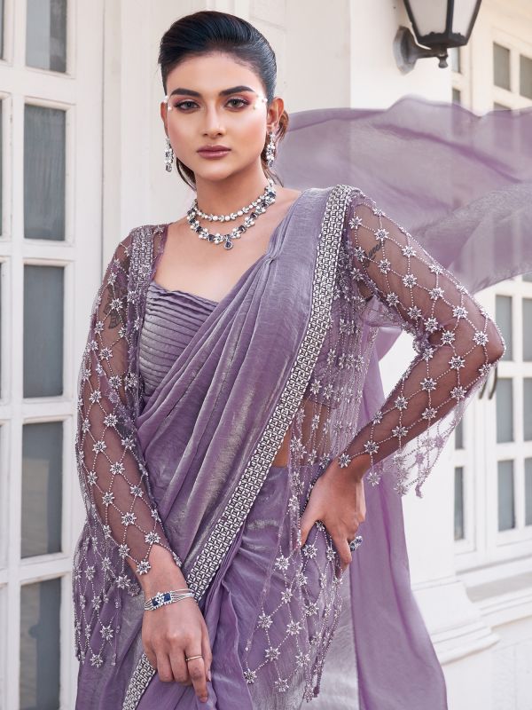 Lilac Party Wear Saree With Embroidered Borders