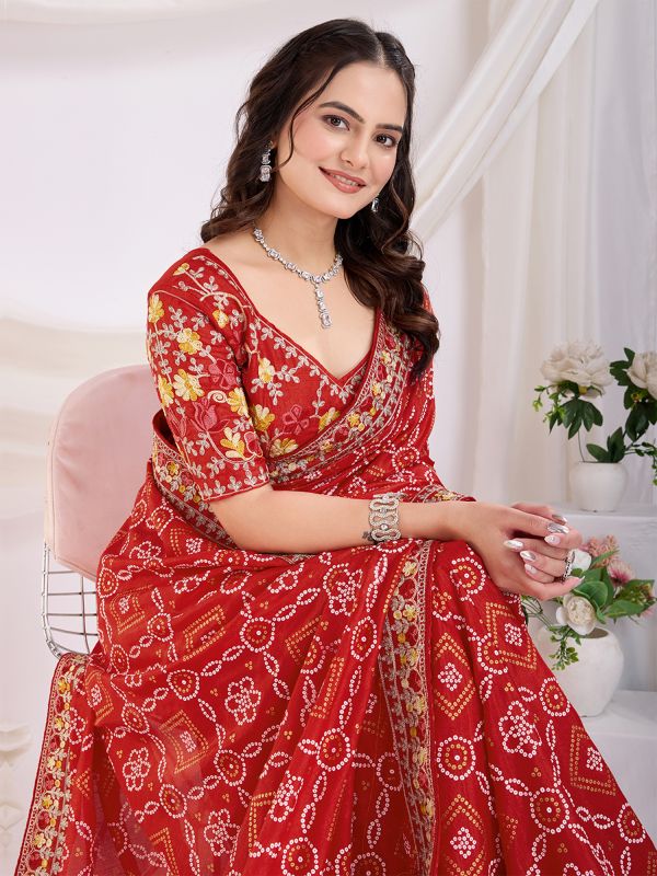 Red Bandhani Printed Saree In Vichitra Silk