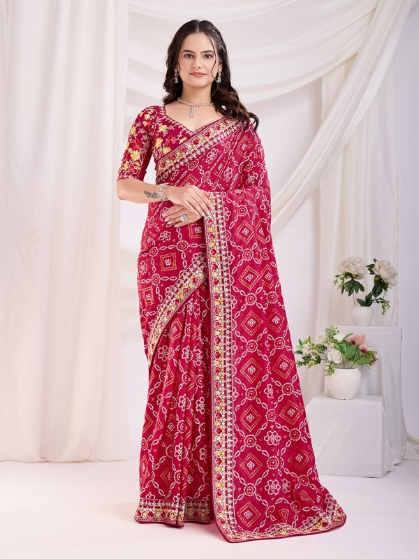 Cherry Red Printed Saree With Blouse