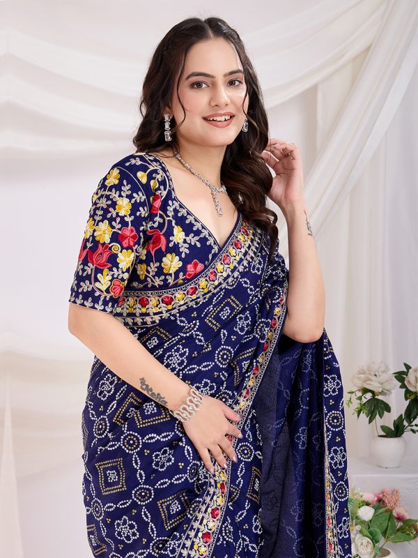 Blue Floral Thread Work Saree In Silk