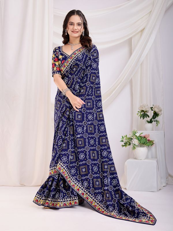 Blue Floral Thread Work Saree In Silk