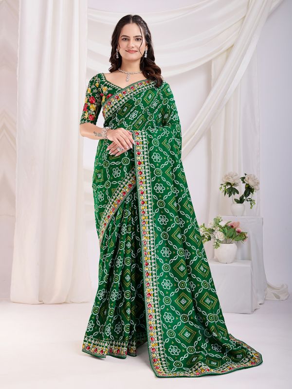 Dark Green Bandhani Printed Festive Saree