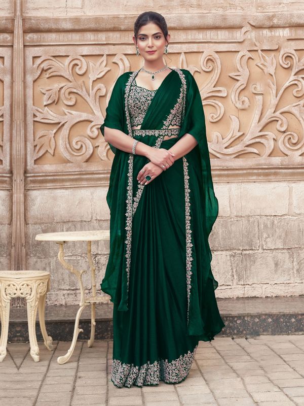 Deep Green Readymade Saree In Mirror Embellishment