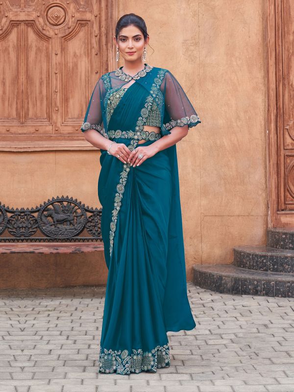 Blue Sequins Augmented Readymade Saree In Silk