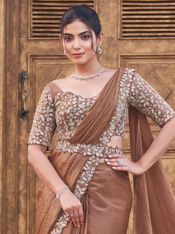 Brown Party Wear Saree In Floral Embroidery