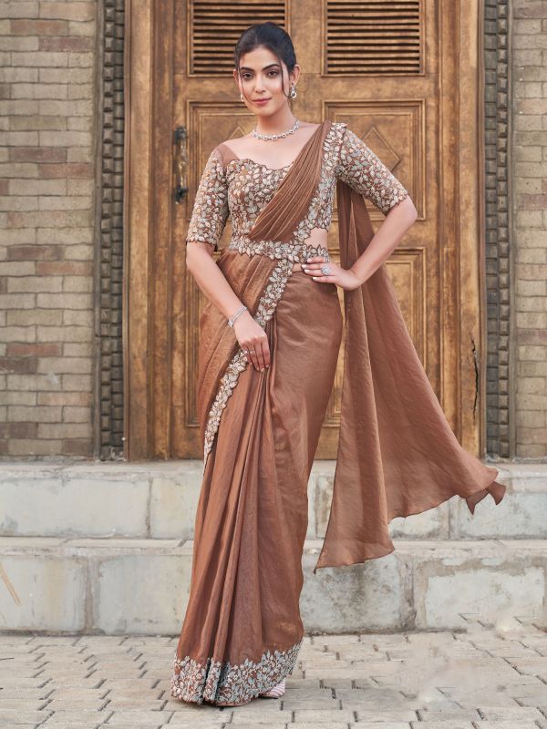 Brown Party Wear Saree In Floral Embroidery