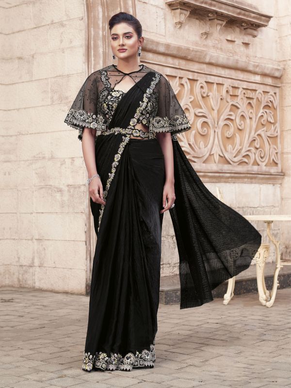 Black Cocktail Wear Saree In Floral Work