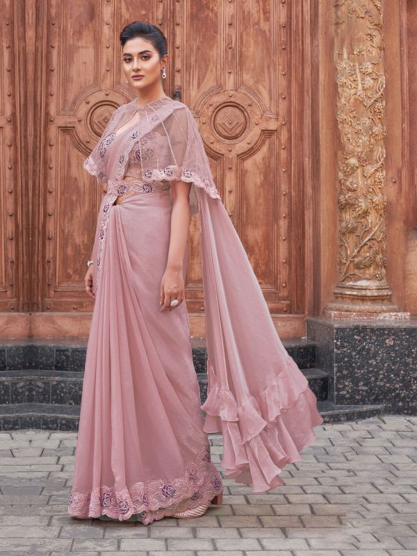 Dusty Pink Embroidered Saree In Satin Silk