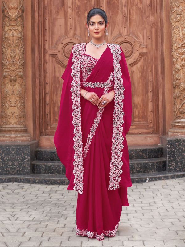 Rani Pink Floral Embellished Readymade Saree