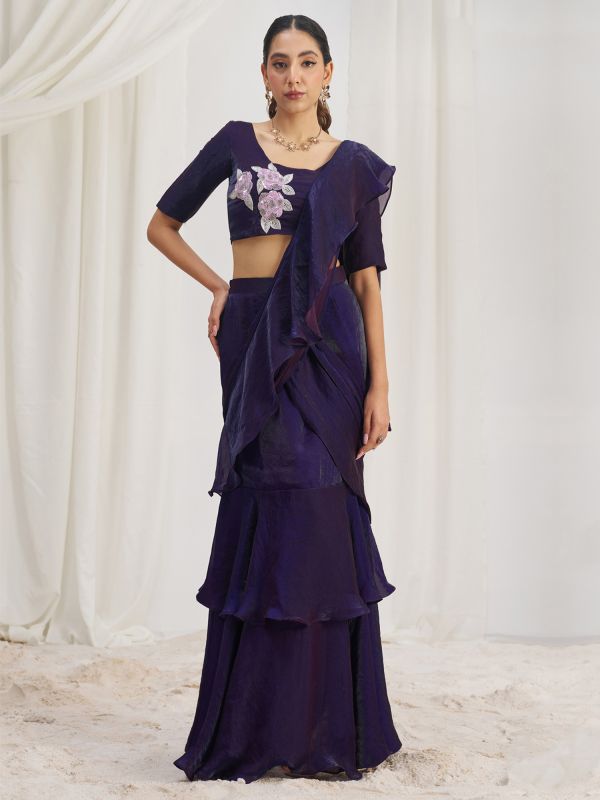 Midnight Purple Bridesmaid Sarees In Ruffle Style