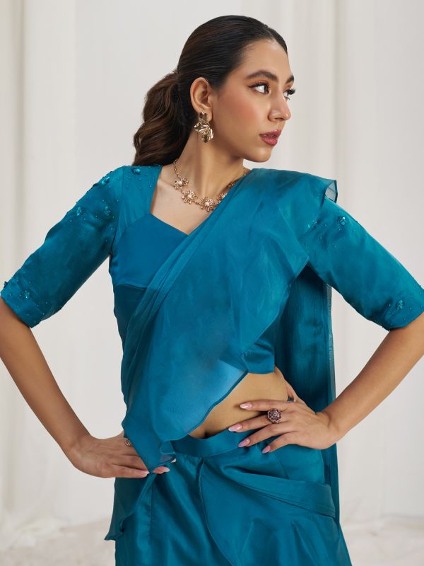 Blue Ruffle Style Saree With Blouse In Organza