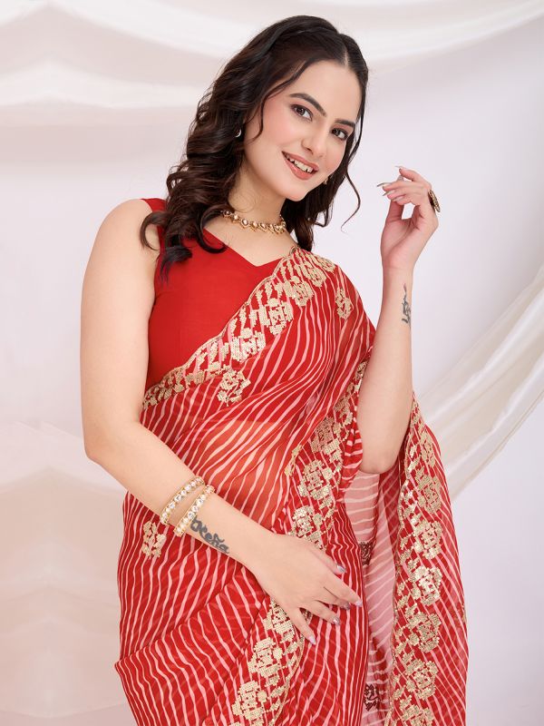 Red Lehariya Printed Festive Saree In Georgette