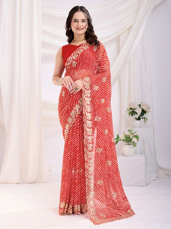 Red Lehariya Printed Festive Saree In Georgette